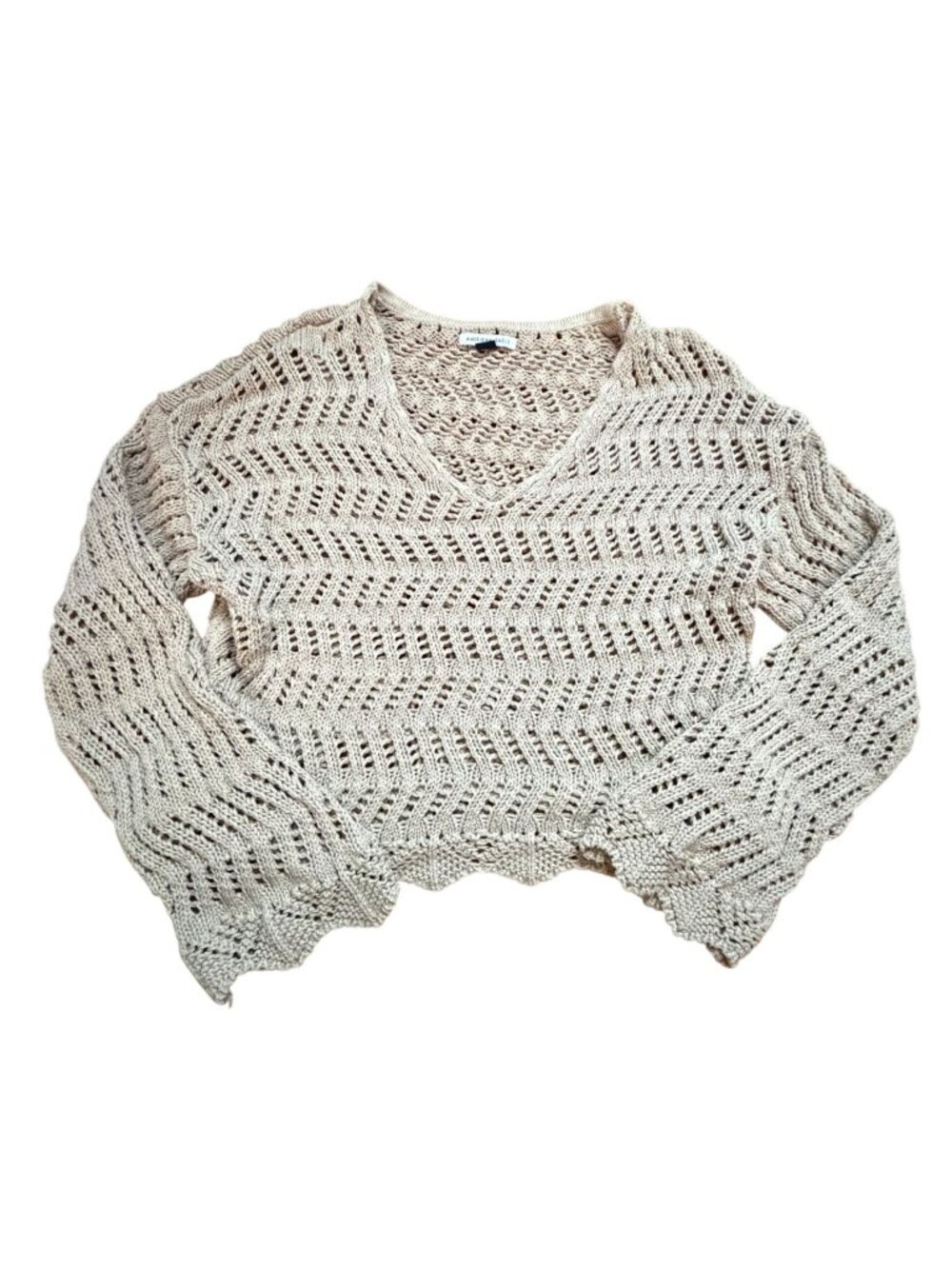 American Eagle V-Neck Open Knit Bell Sleeve Sweater-Tan- S-GUC